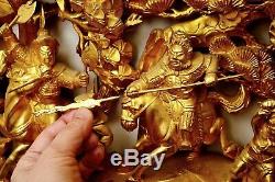 Chinese Gilt Lacquer Wood Panel Plaque Deep Carving Warriors Battle Scene 64CM