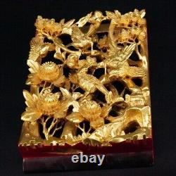 Chinese Hand 3D Carved Gold Gilt Wood Wall Panel Birds and Floral lacquer 10x6