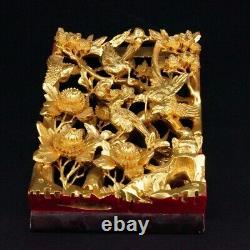 Chinese Hand 3D Carved Gold Gilt Wood Wall Panel Birds and Floral lacquer 10x6