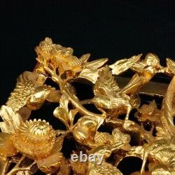 Chinese Hand 3D Carved Gold Gilt Wood Wall Panel Birds and Floral lacquer 10x6