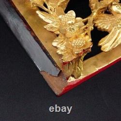 Chinese Hand 3D Carved Gold Gilt Wood Wall Panel Birds and Floral lacquer 10x6