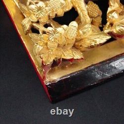 Chinese Hand 3D Carved Gold Gilt Wood Wall Panel Birds and Floral lacquer 10x6