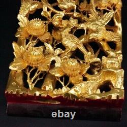 Chinese Hand 3D Carved Gold Gilt Wood Wall Panel Birds and Floral lacquer 10x6