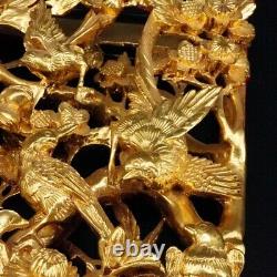 Chinese Hand 3D Carved Gold Gilt Wood Wall Panel Birds and Floral lacquer 10x6