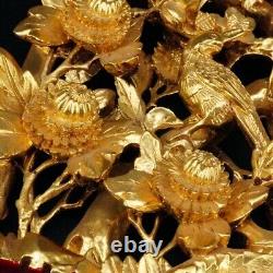 Chinese Hand 3D Carved Gold Gilt Wood Wall Panel Birds and Floral lacquer 10x6