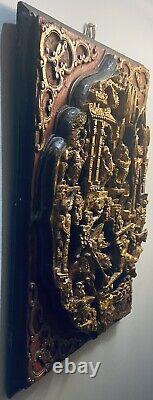 Chinese Hand Carved Gilt Wood Wall Plaque Panel Battle Scene-16.5x11.5x2