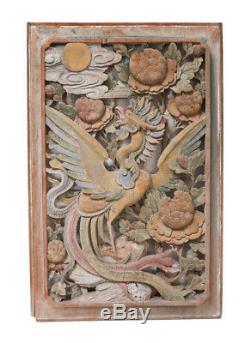 Chinese Hand Carved Polychrome Painted Panel, Deeply carved Phoenix bird flowers