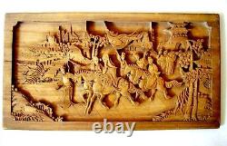 Chinese Heavily Carved Wood Panel, Horses, Figures, Buildings, Trees, Antique