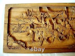 Chinese Heavily Carved Wood Panel, Horses, Figures, Buildings, Trees, Antique