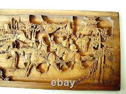Chinese Heavily Carved Wood Panel, Horses, Figures, Buildings, Trees, Antique