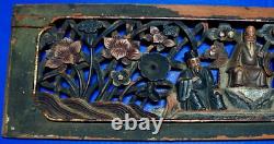 Chinese Painted Wood Pierced Carved Panel 3 Immortals / Scholars & Flowers