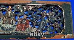 Chinese Painted Wood Pierced Carved Panel 3 Immortals / Scholars & Flowers