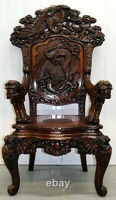 Chinese Throne Armchair Arched Back Carved Arms With Three Dragon In Panel