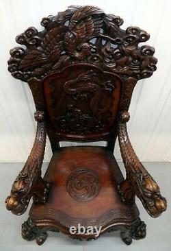 Chinese Throne Armchair Arched Back Carved Arms With Three Dragon In Panel