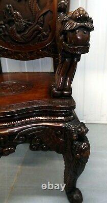 Chinese Throne Armchair Arched Back Carved Arms With Three Dragon In Panel