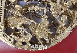 Chinese Vintage Carved Wood 13 Gilt Panel Temple Battle Scene Horses Warriors