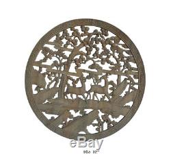 Chinese Vintage Wood Round Panel Wall Plaque With Carved Deer Pine Tree fs705