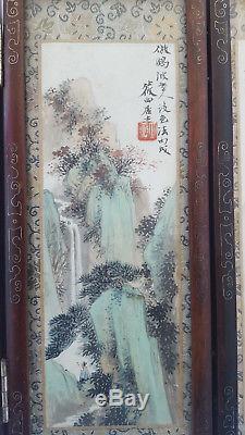 Chinese Wood Carved 6 Artist Ink Watercolour Painting Panel Folding Table Screen