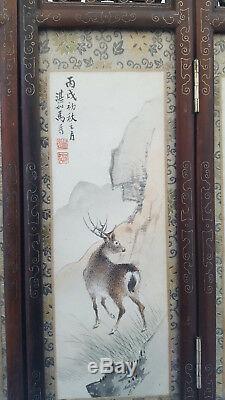 Chinese Wood Carved 6 Artist Ink Watercolour Painting Panel Folding Table Screen