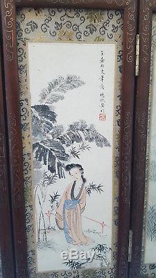 Chinese Wood Carved 6 Artist Ink Watercolour Painting Panel Folding Table Screen