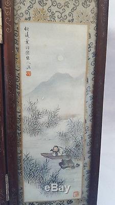 Chinese Wood Carved 6 Artist Ink Watercolour Painting Panel Folding Table Screen