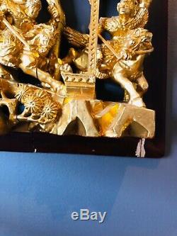 Chinese Wood Carved Plerced Glit Temple Panel Of Warriors On Horses