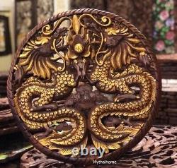 Chinese Wood Panel Dragon Carving Teak Wall Art Hanging Sculpture Wall Hanging