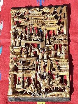 Chinese art Member of imperial Gilt Gold Carved Wood Plaque Panel wall art 26