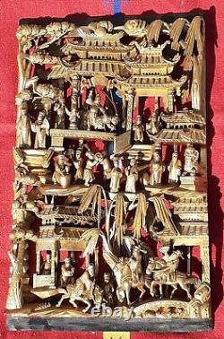 Chinese art Member of imperial Gilt Gold Carved Wood Plaque Panel wall art 26