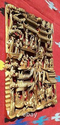 Chinese art Member of imperial Gilt Gold Carved Wood Plaque Panel wall art 26