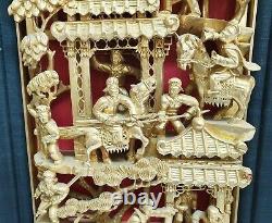 Chinese carved panel gilded wood warriors scenes