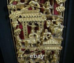 Chinese carved panel gilded wood warriors scenes