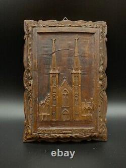 Church French Antique religious of Lourdes, 1850 Madonna Carved Wood Panel icon