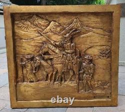 Crusaders The Crusades 3D Wood Carving Baso Relief Wall Panel Large Signed VTG