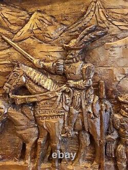 Crusaders The Crusades 3D Wood Carving Baso Relief Wall Panel Large Signed VTG