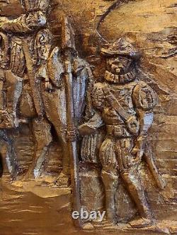 Crusaders The Crusades 3D Wood Carving Baso Relief Wall Panel Large Signed VTG