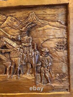 Crusaders The Crusades 3D Wood Carving Baso Relief Wall Panel Large Signed VTG