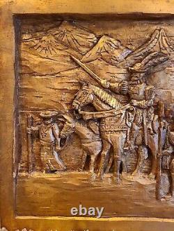 Crusaders The Crusades 3D Wood Carving Baso Relief Wall Panel Large Signed VTG