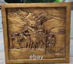 Crusaders The Crusades 3D Wood Carving Baso Relief Wall Panel Large Signed VTG