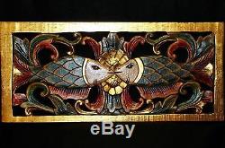 Double Fish Wall art Panel carved wood Balinese architectural Bali Asian Blue