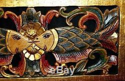 Double Fish Wall art Panel carved wood Balinese architectural Bali Asian Blue