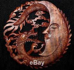 Dragon & Crescent Moon Wall Art Plaque Panel Hand Carved Balinese Wood 11.5