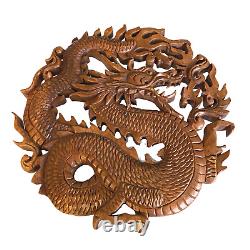 Dragon Naga Bali Wall Art Relief Round Panel Hand Carved Wood Asian Decor 12