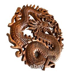 Dragon Naga Bali Wall Art Relief Round Panel Hand Carved Wood Asian Decor 12
