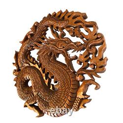 Dragon Naga Bali Wall Art Relief Round Panel Hand Carved Wood Asian Decor 12