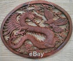 Dragon & Phoenix Wood Carving Panel Bali Powerful Auspicious