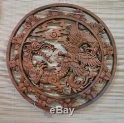 Dragon and Phoenix Wood Carving Panel Bali Powerful Auspicious Strength