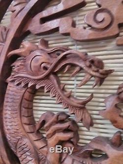 Dragon and Phoenix Wood Carving Panel Bali Powerful Auspicious Strength