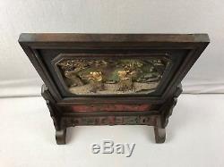 Early Chinese Wood Carved Panel Gold Gilt w Stand