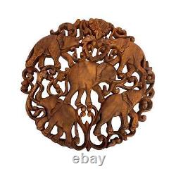 Elephant Family Panel Wall Art Round Plaque Hand Carved Balinese Wood Carving